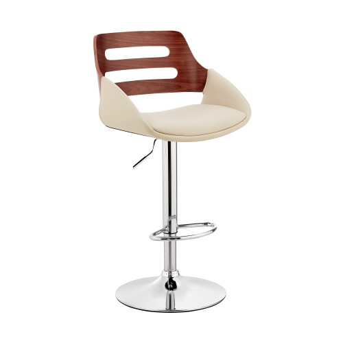Homeroots Living Room Cream Faux Leather and Walnut Wood Adjustable Bar Stool