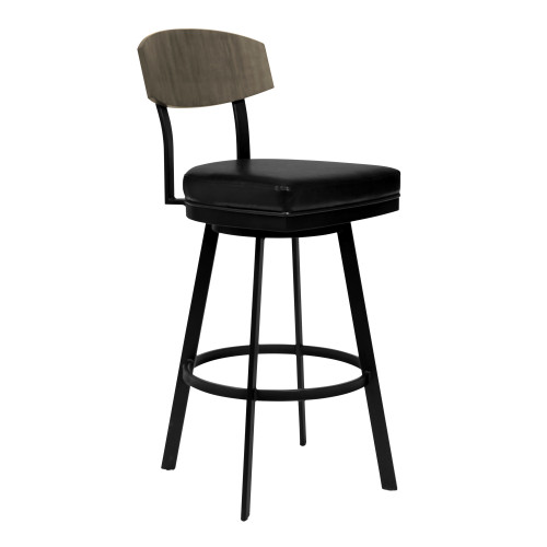 Homeroots Living Room 26" Black Faux Leather Black Metal and Gray Walnut Open Back Swivel Bar Stool