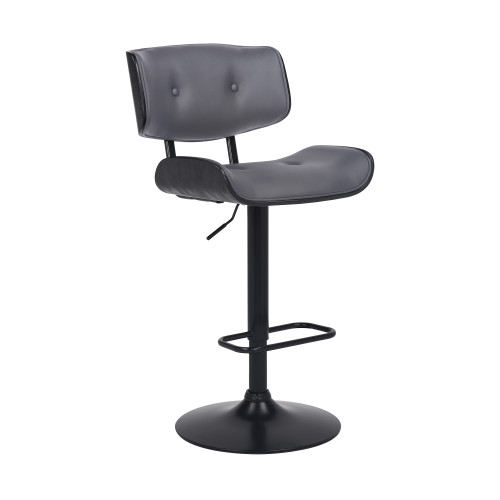Homeroots Living Room Adjustable Tufted Gray Faux Leather and Black Wood Swivel Barstool