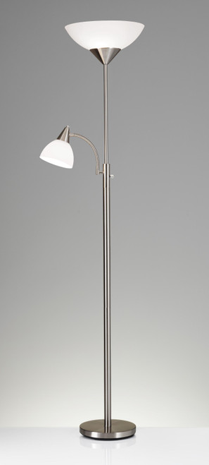 71" Silver Metal Two Light Torchiere Floor Lamp With White Bowl Shade