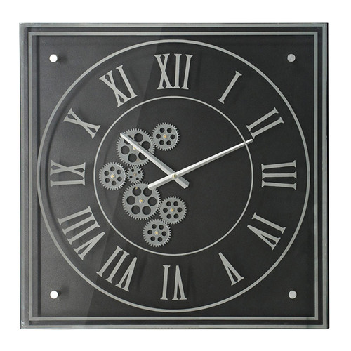 Homeroots Home Decor Vintage Style Gears Black and Silver Square Wall Clock, 24 Inch