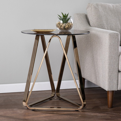 Homeroots Living Room 24" Champagne Glass and Iron Round End Table, Champagne Finish, Round Shape