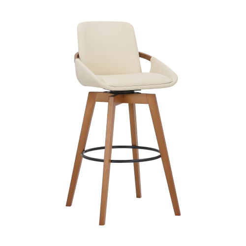 Homeroots Living Room 30" Luxurious Cream Faux Leather and Walnut Swivel Bar Stool
