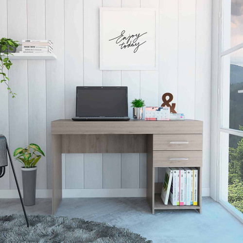 Homeroots Office Deon Computer Desk, Light Gray, Two Drawer
