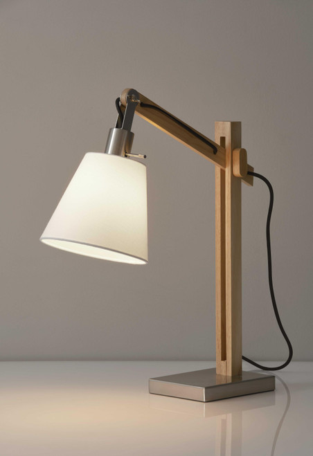 25" Natural Wood Adjustable Height Table Lamp With White Bell Shade