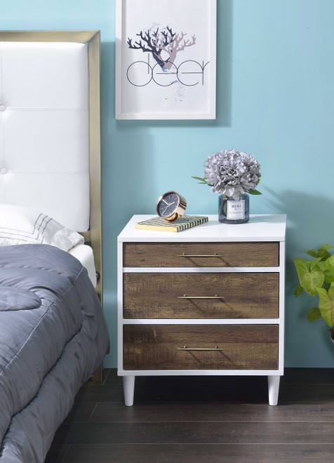 Homeroots Beddings Three Drawer Nightstand, White and Distressed Oak Finish