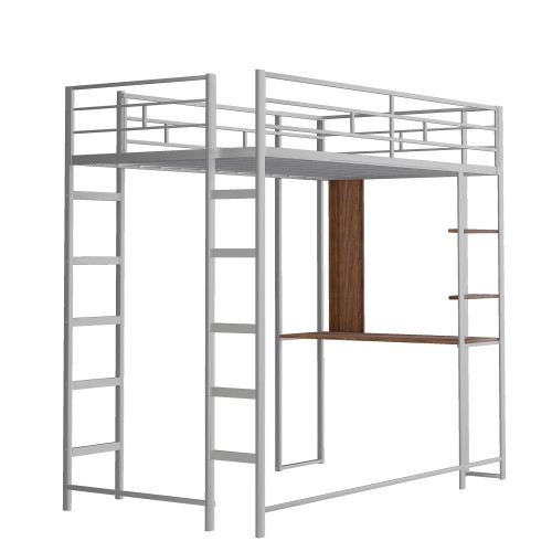 Silver Slat Metal Twin Loft Bed With Desk And Shelves