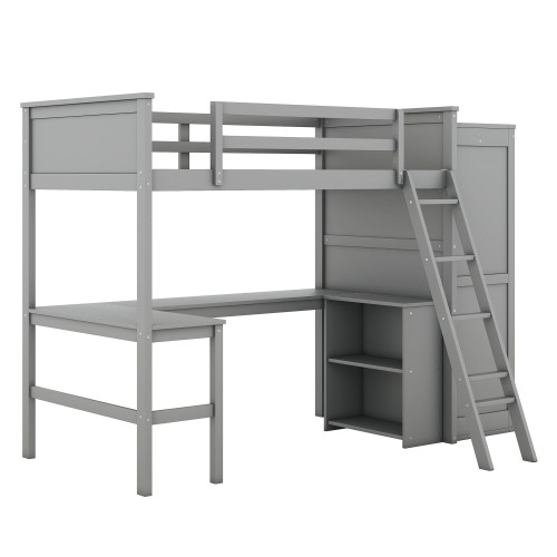 Gray Four Poster Wood Twin Loft Bed with Desk and Shelves