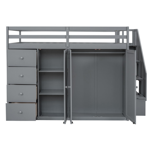 Gray Four Poster Wood Full Double Loft Bed with Shelves