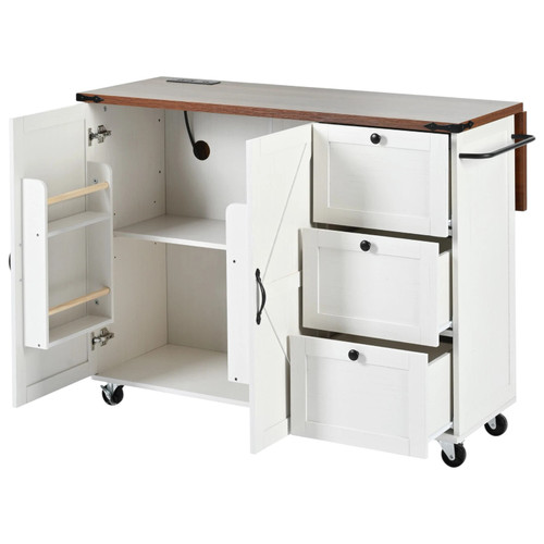 55" White Wood Barn Door Rolling Kitchen Island With USB
