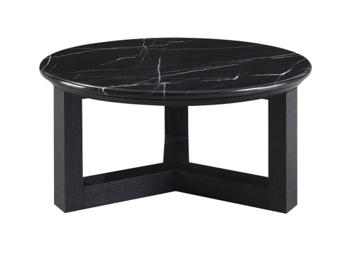 32" Black Genuine Marble and Wood Round Cross Legs Coffee Table