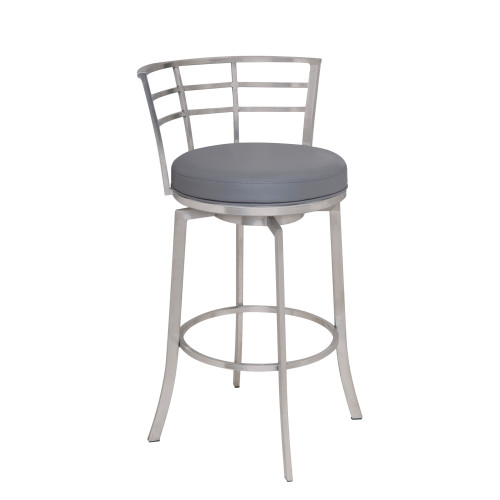 Homeroots Living Room 35" Gray Faux Leather and Iron Swivel Low Back Counter Height Bar Chair
