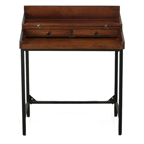31" Chestnut and Black Solid Wood and Iron Secretary Desk With Two Drawers