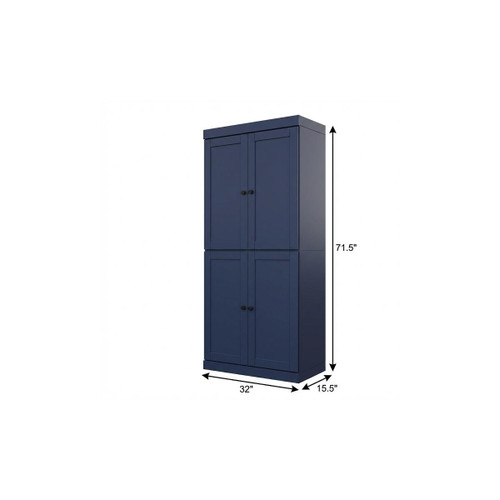 72" Navy Blue Solid Wood Four Door Pantry Or Storage Closet