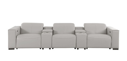 136" Light Gray Top Grain Leather Reclining Metal USB Sofa