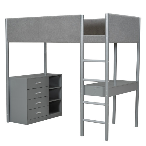 Gray Platform Wood Twin Loft Bed With Desk And Drawers And Drawers,Shelves