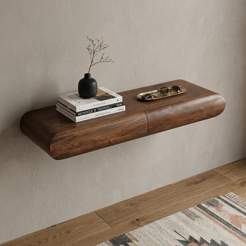 35" Brown Solid Wood Solid Floating Console Table With Shelf And Drawer