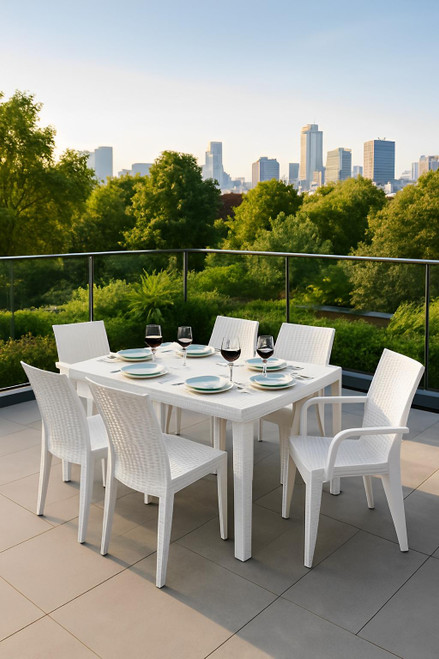 Seven Piece White Plastic Outdoor Patio Set With Table