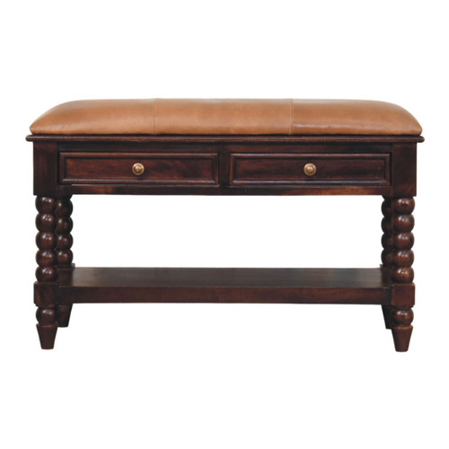 35" Brown Genuine Leather and Solid Wood Upholstered Storage Bench With Shelves