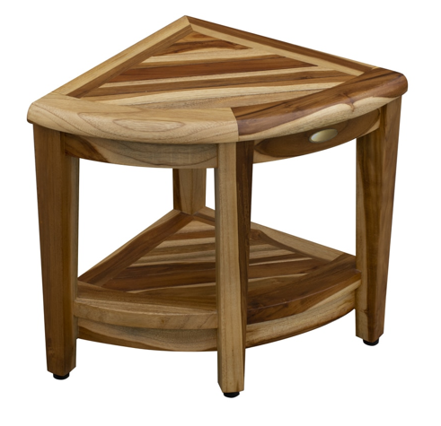 22" Natural Teak Corner Shower Bench With Shelf
