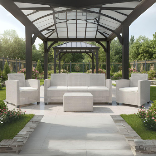 Four Piece Taupe and Beige Plastic Upholstered Cushions Sectional Seating Group With Table