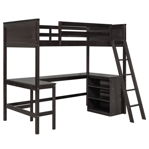 Espresso Slat Solid Wood Twin Loft Bed With Desk And Shelve