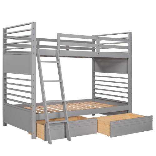 Gray Twin Over Twin Solid Wood Bunk Bed With Drawers And Storage