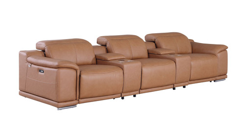134" Chestnut Italian Leather Reclining Metal USB Sofa