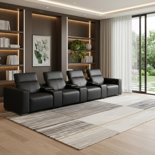 179" Black Top Grain Leather Reclining Metal USB Sofa