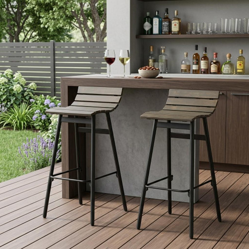 Set of Two 30" Black and Gray Solid Wood Low Back Outdoor Bar Height Chairs