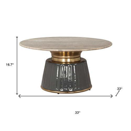 33" Beige and Black Genuine Marble and Wood Round Pedestal Coffee Table