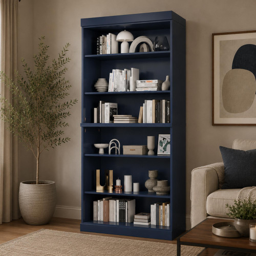 72" Navy Blue Solid Wood Adjustable Six Tier Library Bookcase
