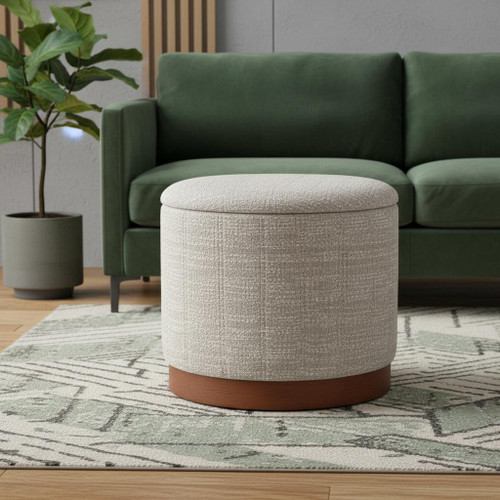 21" Gray and Brown Fabric Round Ottoman With Storage