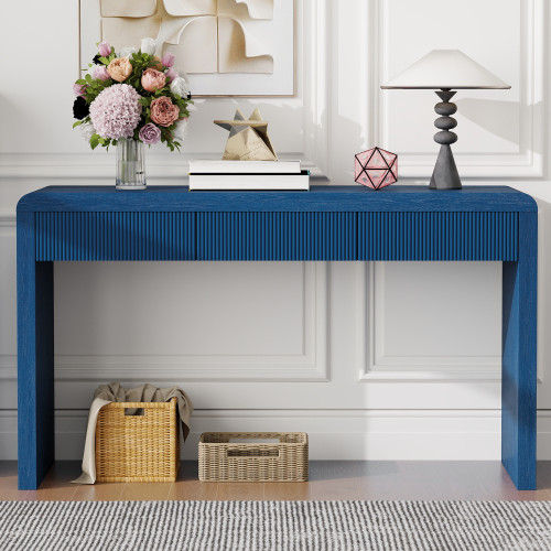 55" Navy Blue Wood Double Pedestal Console Table With Three Drawers
