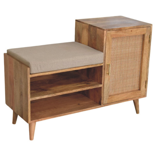 41" Beige and Brown Boucle and Solid Wood Upholstered Storage Bench With Drawers
