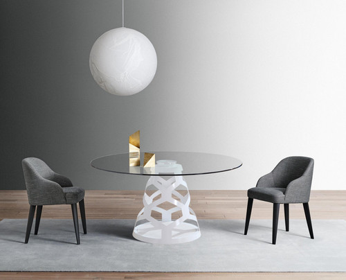 48" Clear and White Glass and Steel Pedestal Base Round Top Dining Table