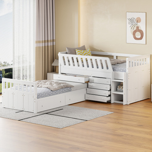 White Four Poster Wood Twin Loft Bed with Desk and Shelves