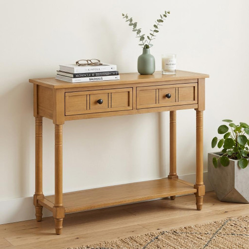 36" Natural Wood Console Table With Shelf And Two Drawers