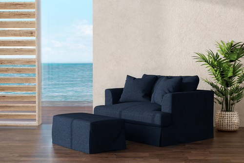 Sunset Trading Newport Slipcovered 44" Wide Ottoman | Performance Fabric Washable Water-Resistant Stain-Proof | Navy Blue