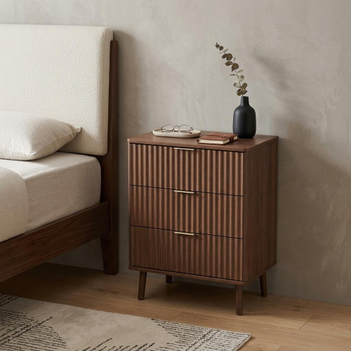 30" Brown Wood Ribbed Texture And Mirrored Glass Three Drawer Nightstand