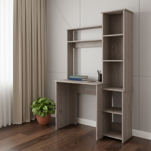 39" Light Gray Wood Pedestal Computer Desk With Hutch