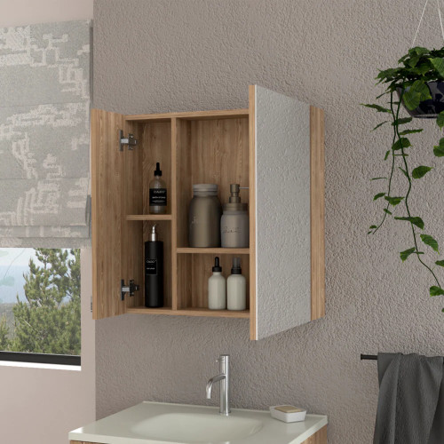 24" Natural Wood Floating Double Door Bathroom Vanity And Medicine Cabinet With Mirror