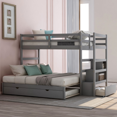 Gray Twin Over Twin Wood Bunk Bed With Stairs And Storage