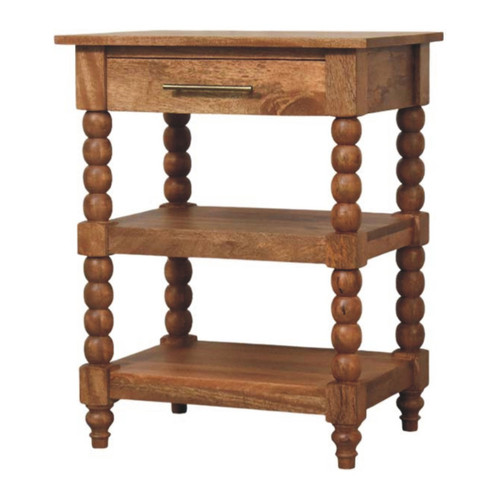 28" Brown and Natural Solid Wood End Table With Drawer And Two Shelves