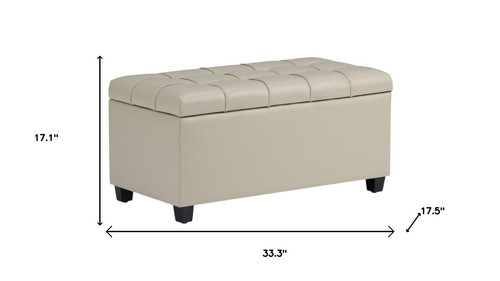33" Cream and Espresso Tufted Faux Leather and Solid Wood Upholstered Storage Bench With Flip Top