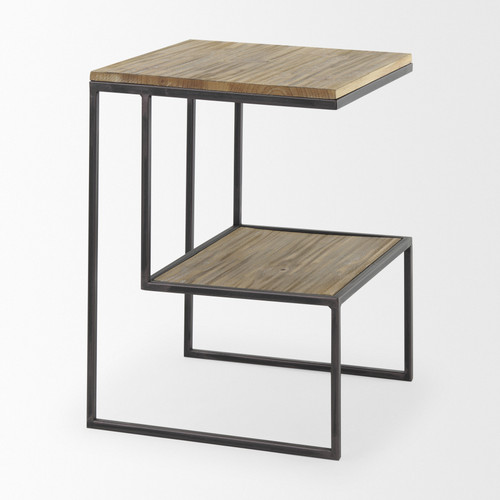 21" Brown and Black Solid Wood and Iron Sled End Table With Shelf