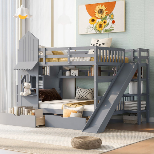 Gray Full Over Full Dollhouse Solid Wood Bunk Bed With Slide And Storage