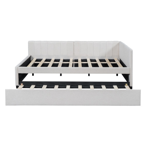 Beige Tufted Upholstered Full Bed Frame With Trundle