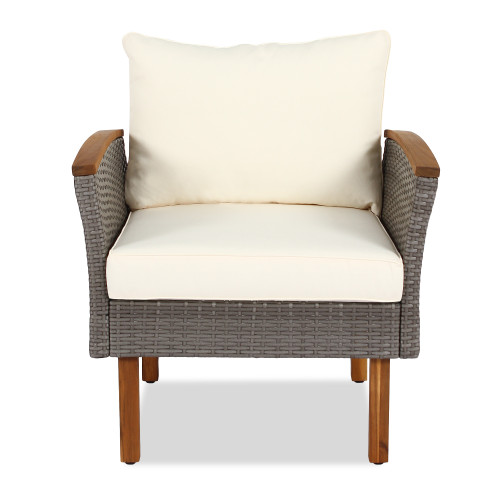 Nine Piece Gray and Beige Rattan Upholstered Cushions Sectional Seating Group With Table