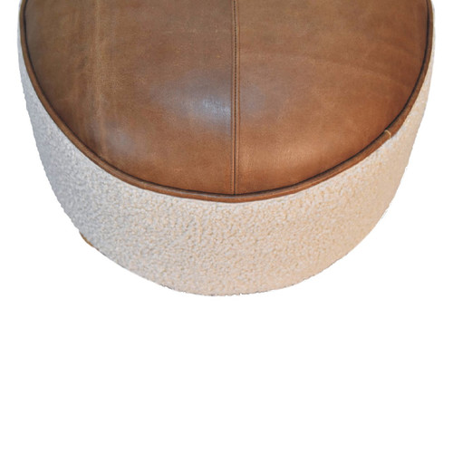 18" Cream and Brown Boucle Round Footstool